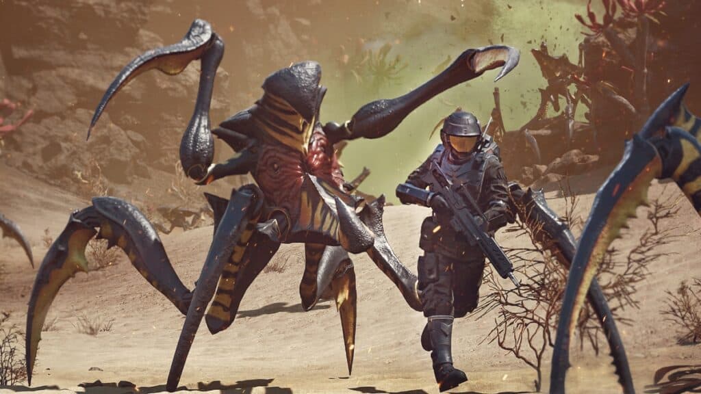 A soldiers runs from an attacking bug in Starship Troopers: Extermination