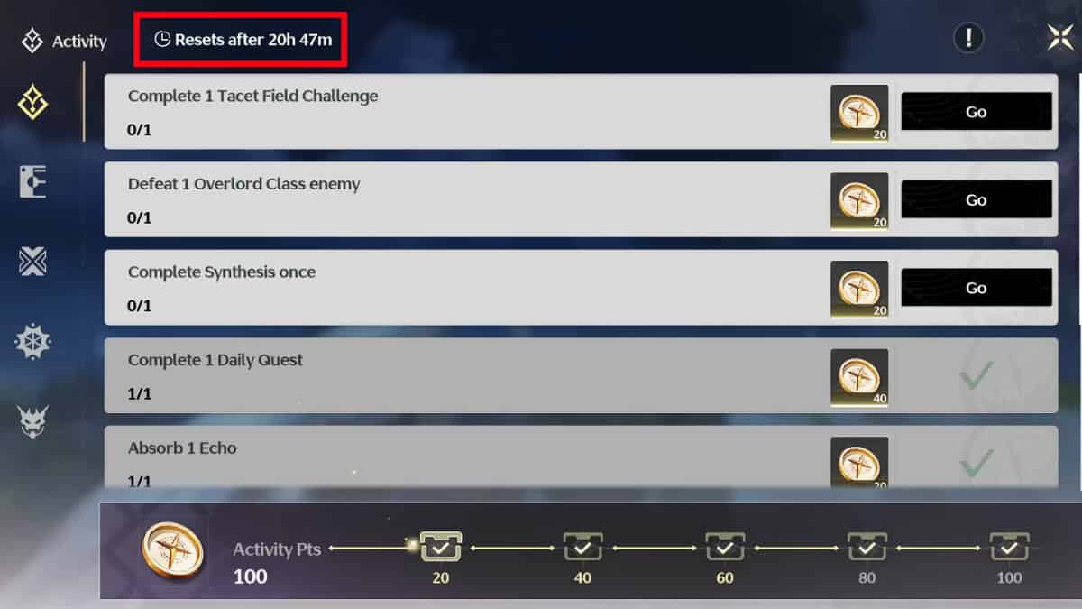 Daily Reset Time on Guidebook in Wuthering Waves.