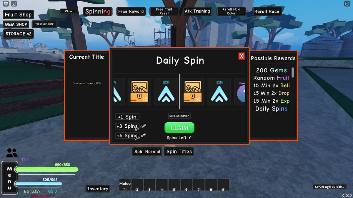 daily spin menu in aopg