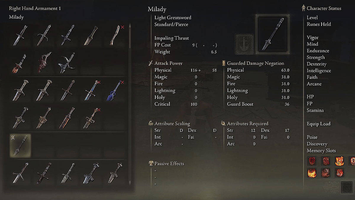 Milady Light Greatsword Stats