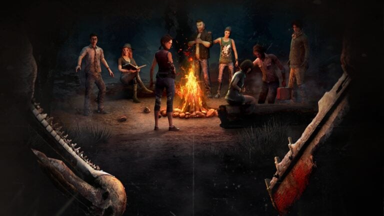 Dead by Daylight 2v8 Killer Guide to Please the Entity Survivors gather around the campfire, watched by killers in concept art for Dead by Daylight 2v8 mode