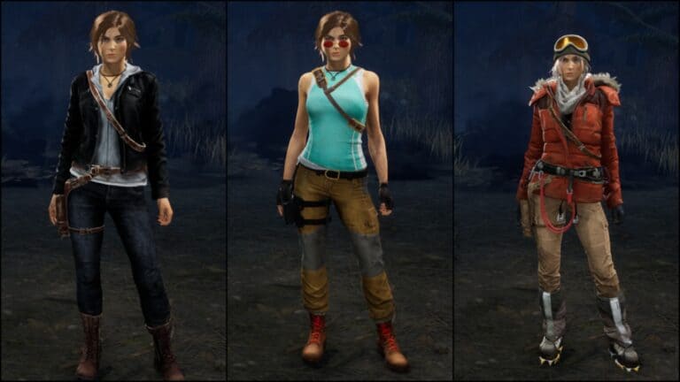 How to Play Lara Croft Like a Proper Tomb Raider in Dead by Daylight Three of Lara Croft's cosmetics in Dead by Daylight, including the original Tomb Raider look