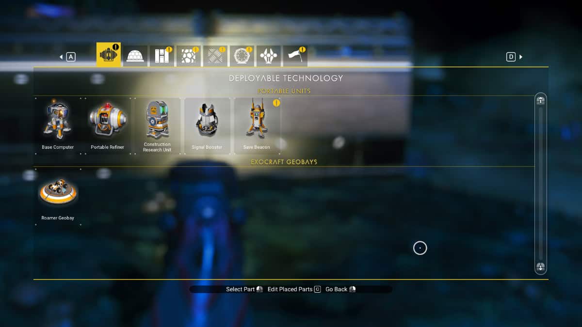 A catalog showing deployable technology for your base in No Man's Sky