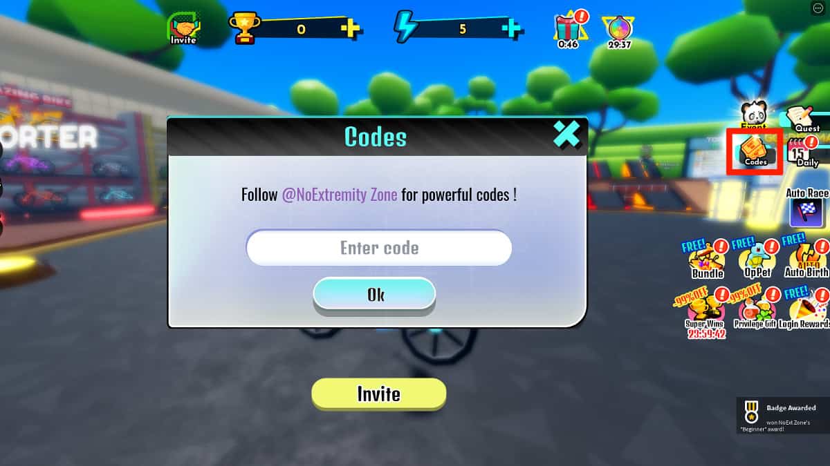 Redeeming codes in Roblox Bike Race Simulator.