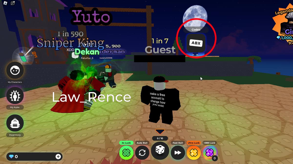Redeeming codes in Roblox Character RNG.