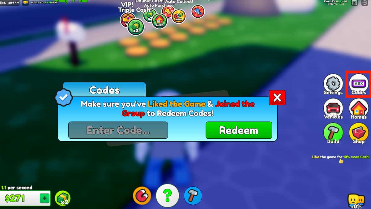 Redeeming codes in Roblox Ultimate Home Tycoon.