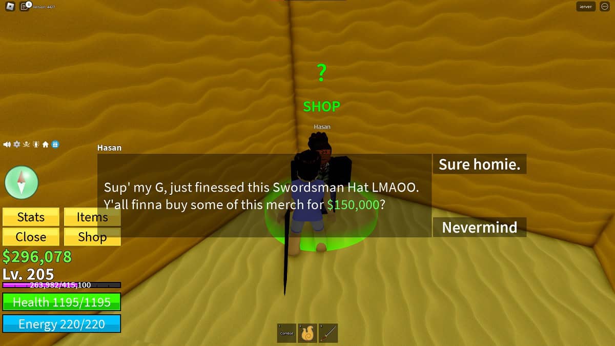 buying swordsman hat from npc hasan in roblox blox fruits