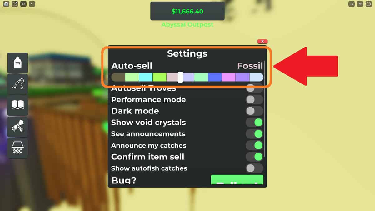 setting autosell to fossil in void fishing