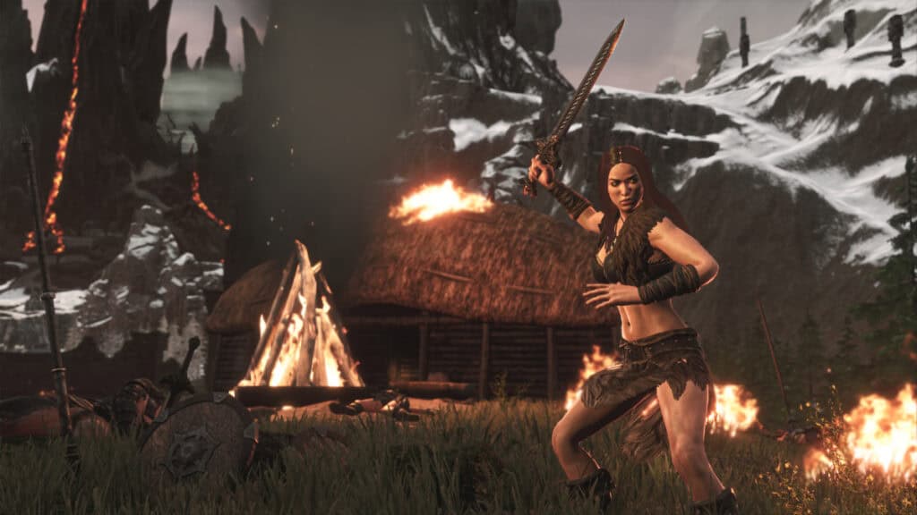 Conan Exiles Enters the Ages of Heroes The Companion Freya raises her sword before a fire in Conan Exiles Age of Heroes
