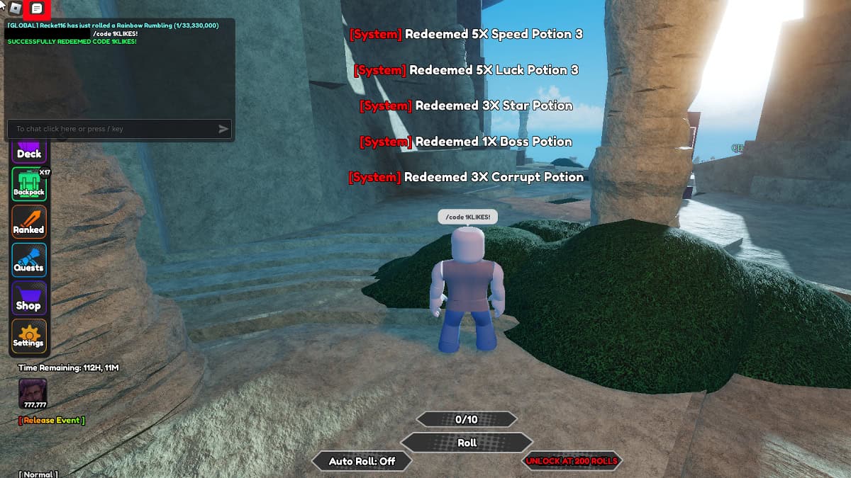 Redeeming codes in Roblox Anime Card Battle 