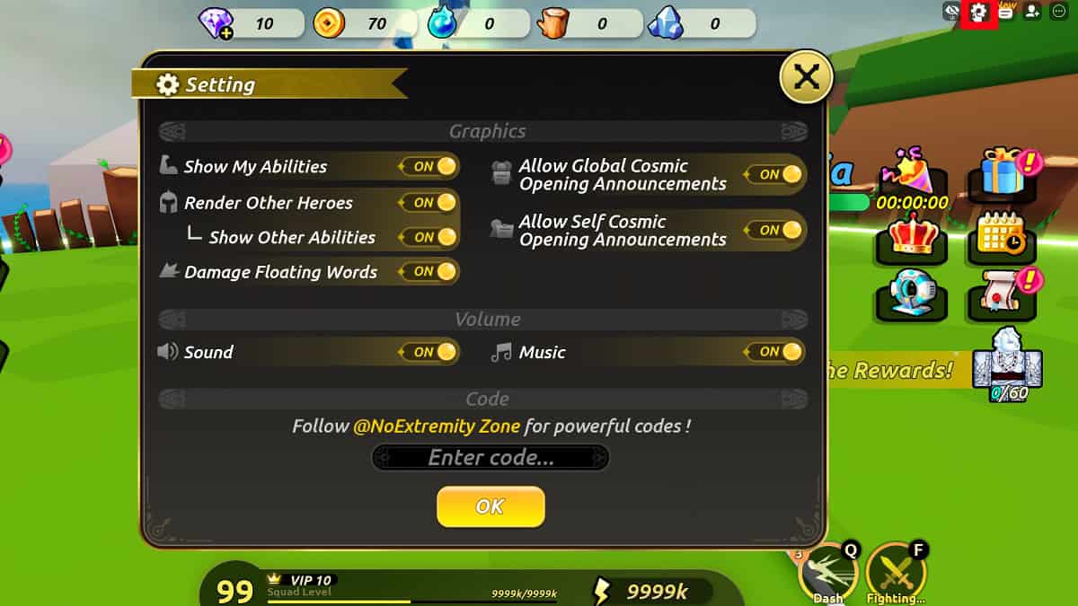 Redeeming codes in Roblox Anime Elites Squad.