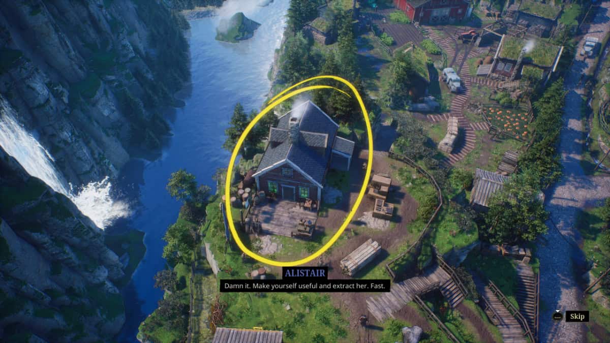 A house, circled in yellow, stands on the edge of a cliff