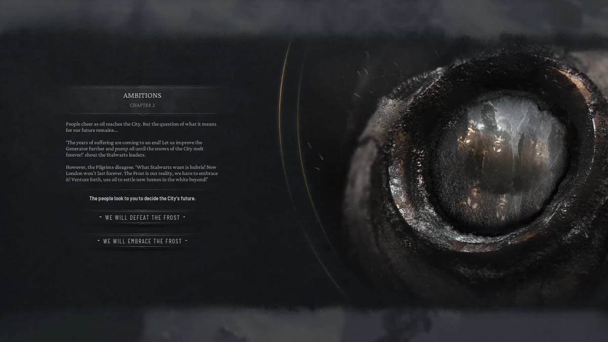 The decision at the end of Chapter 1 in Frostpunk 2.