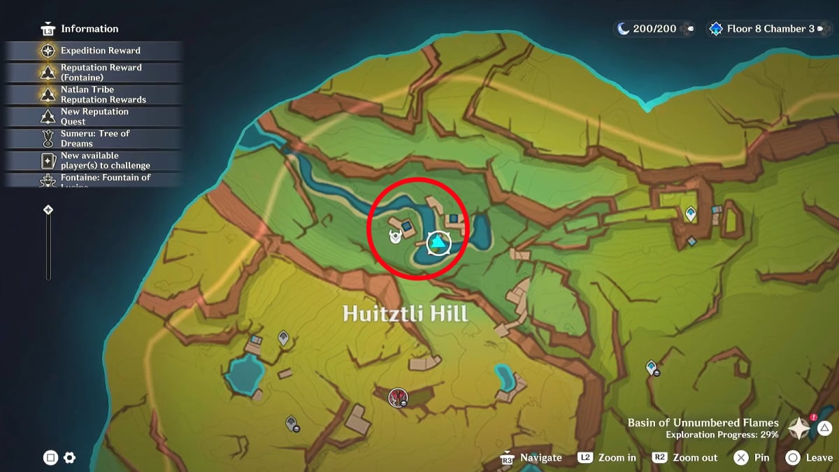 The location of the Huitztli Hill Puzzle in Genshin Impact.