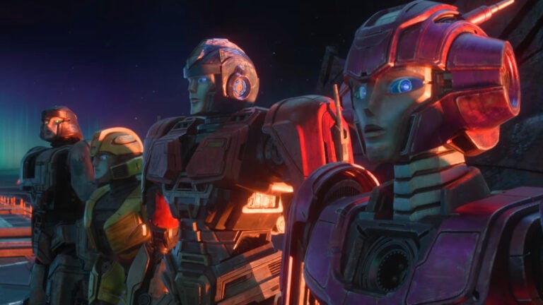 Transformers One Review – An Overstuffed, Enjoyable Story A group shot of Elita-1, Optimus Prime, Bumblebee, and Megatron in Transformers One.