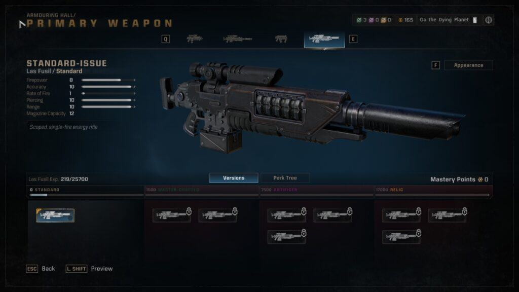 The stat block for the Las Fusil in Warhammer 40,000: Space Marine 2