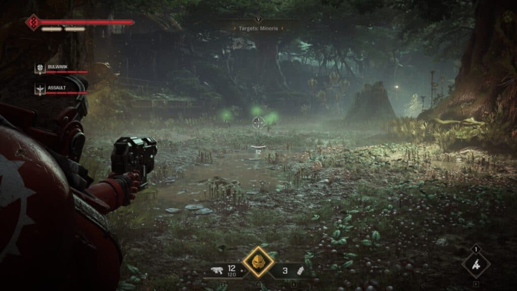 A Space Marine aims their weapon at floating gas globes