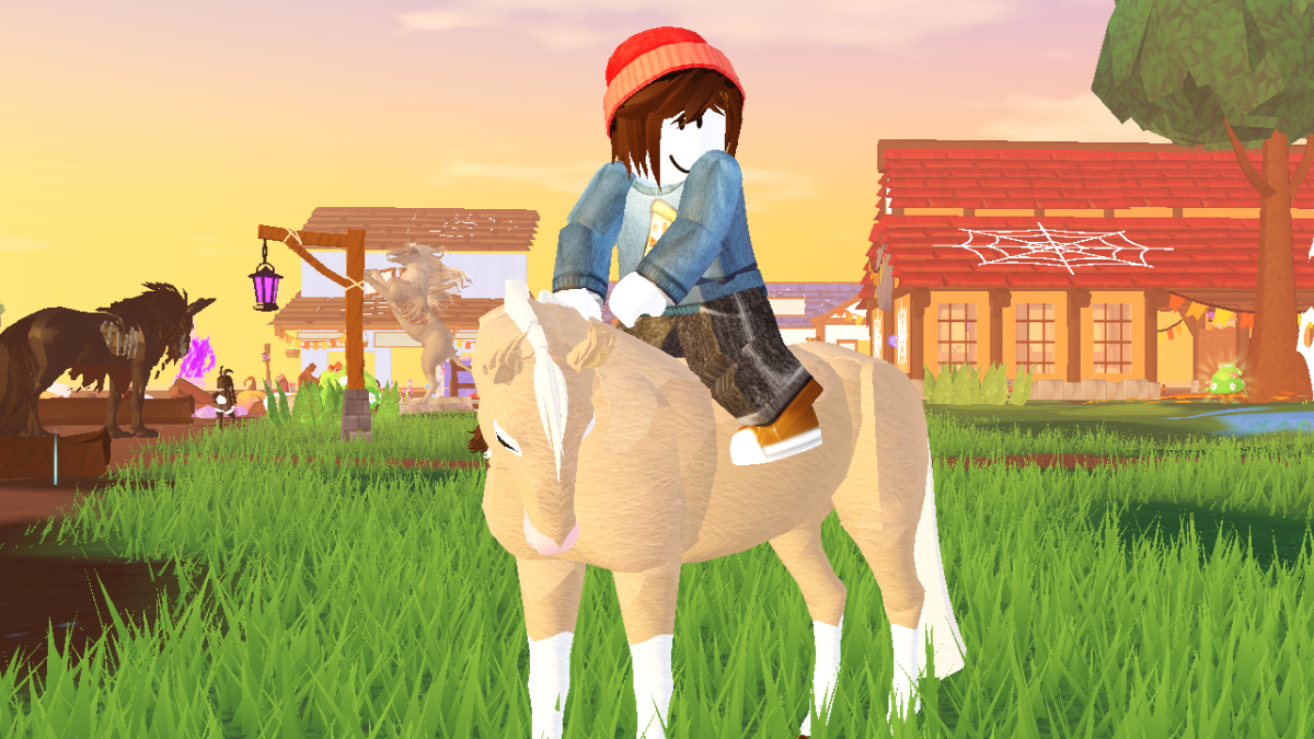 Horse Life village and horse gameplay Roblox avatar riding a horse through the Horse Life village in an earlier seasonal gameplay screenshot