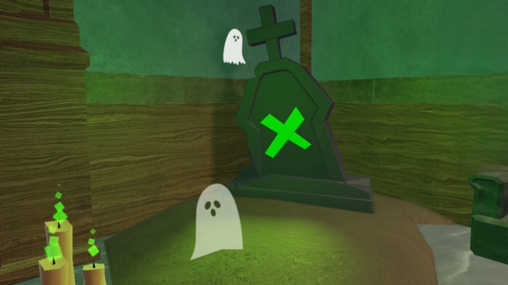 Roblox Keys Halloween Event and Haunt Guide A green grave with candles and ghosts in Keys