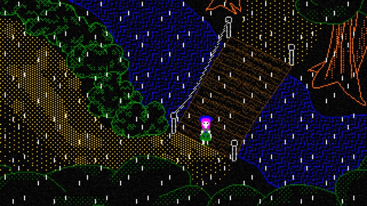 A girl stands on a bridge in the rain in Lily's Well