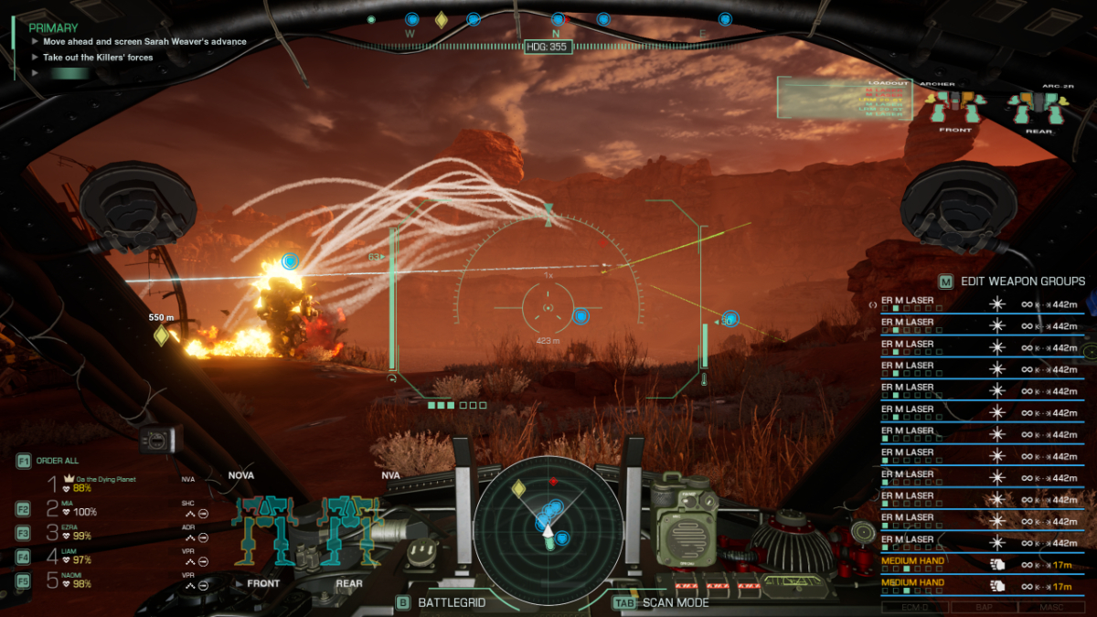 Missiles leave white vapor trails across the evening sky in MechWarrior 5: Clans
