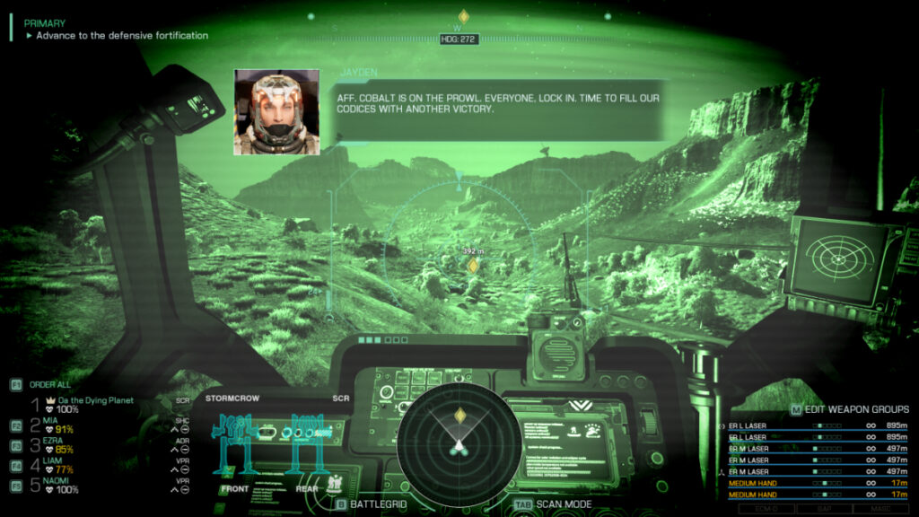 A night vision view of the battlefield in MechWarrior 5: Clans