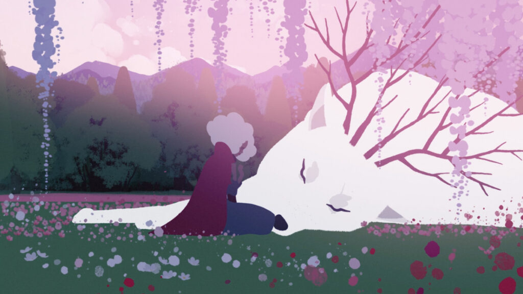 Alba sits beside a great horned wolf