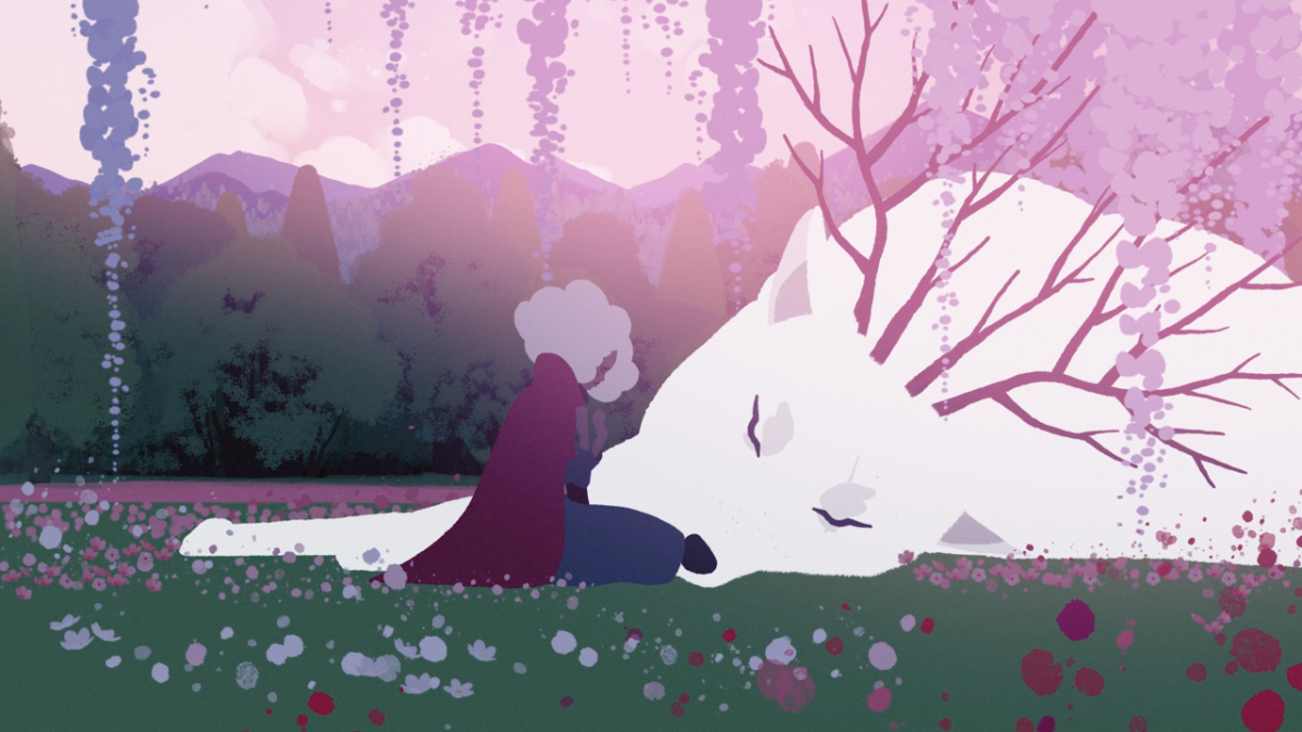 Alba sits beside a great horned wolf