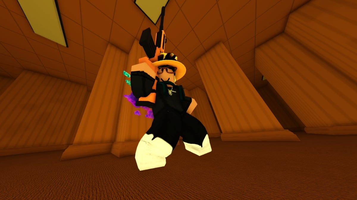 RIVALS gameplay screenshot — historical reference Roblox RIVALS avatar holding a weapon in an orange-lit game environment