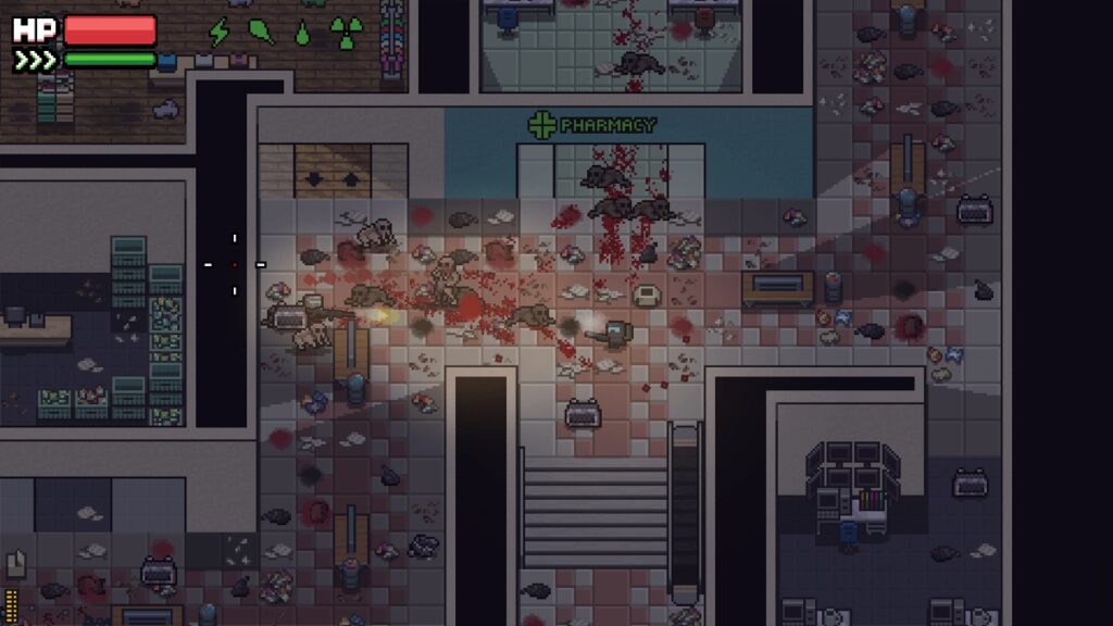 The player gets in a stand-off after a bloody corridor shootout in Zero Sievert