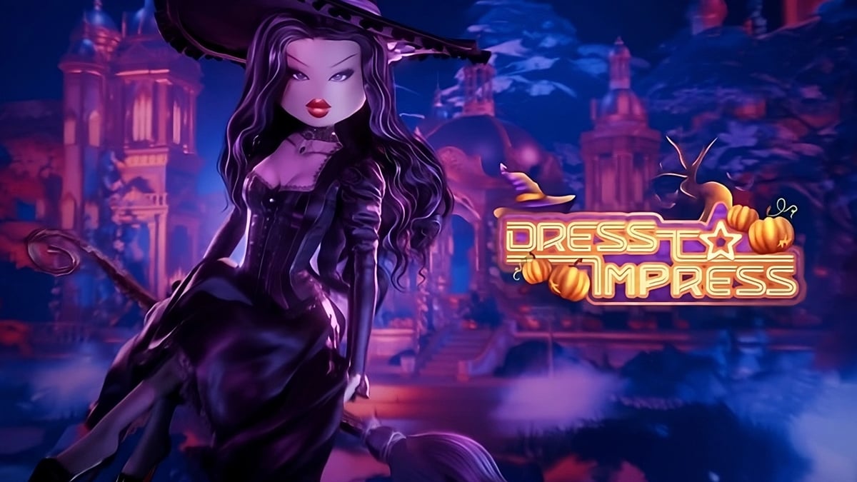 Dress to Impress Halloween costume inspiration Dress to Impress Halloween-themed avatar in a gothic costume against a spooky game environment