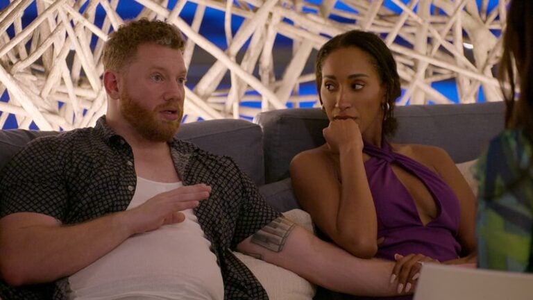 Love Is Blind Star Monica Says Discovering Stephen’s Texts With Other Woman ‘Was Like a Dagger to the Chest’ Monica and Stephen sitting on a couch.