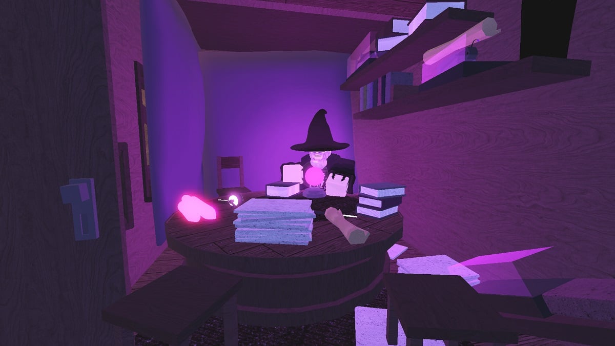 talking with merlin npc to buy enchant relics in roblox fisch