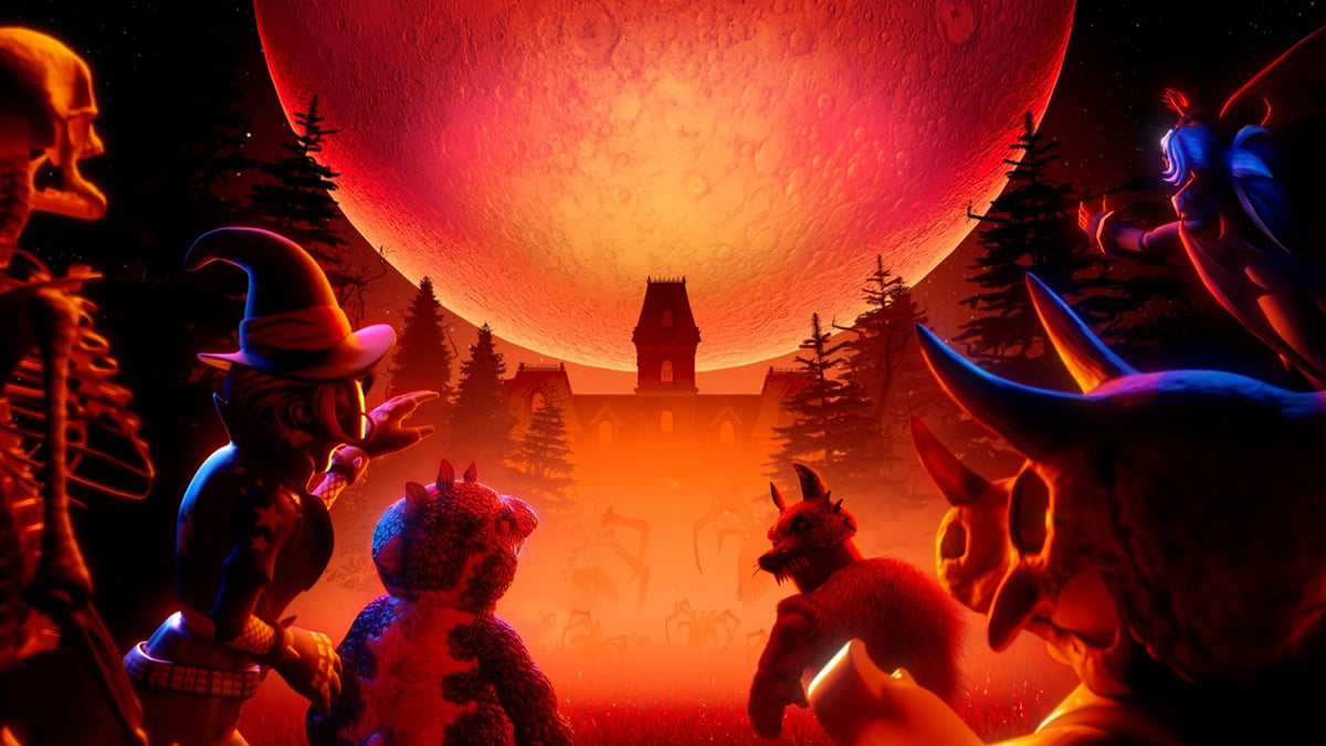 Roblox Halloween event hub — previous-season illustration Roblox avatars at a haunted mansion during a previous Halloween event