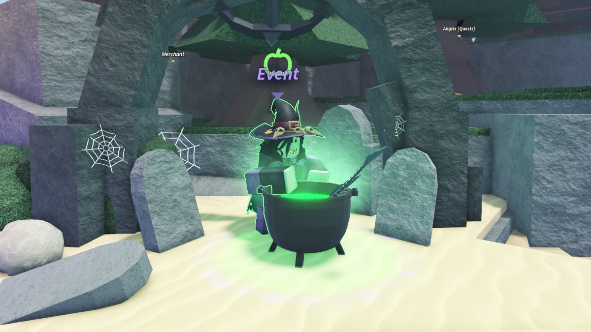 Historical Roblox Fisch Halloween screenshot showing Beatrix the Witch beside her glowing cauldron