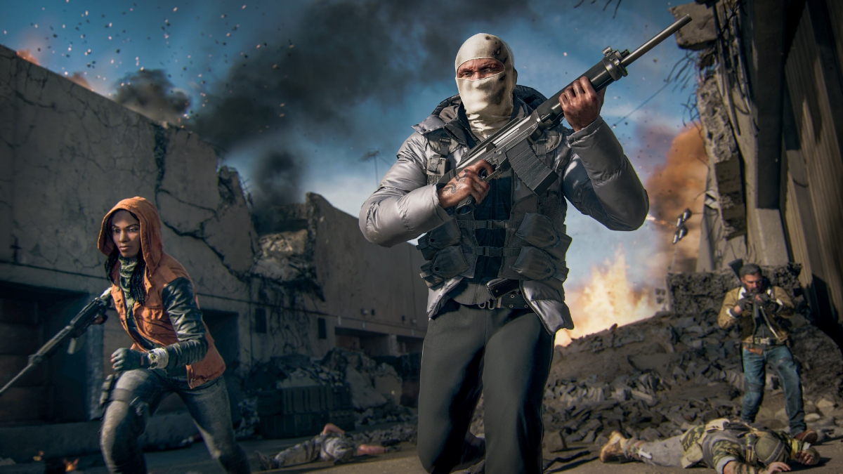 A masked soldier holds their rifle aloft in a burning town in Call of Duty: Black Ops 6