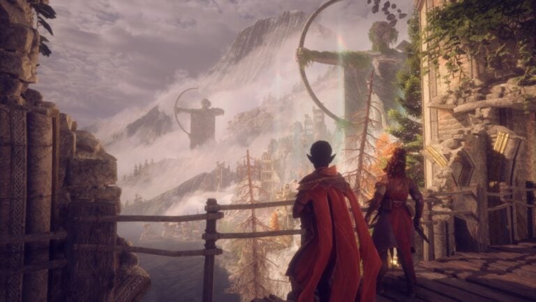 Dragon Age: The Veilguard Review – Band of Others The player and a companion gaze out at cliffside statues in Dragon Age: The Veilguard