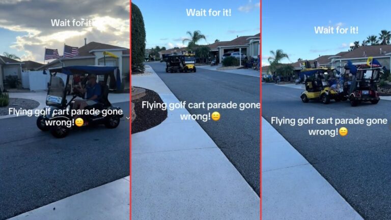 Golf Cart Parade Sends Man Flying in Viral Video: ‘Doesn’t a Parade Usually Go In One Direction?’ Golf Cart Parade Sends Man Flying in Viral Video ‘Doesn’t a Parade Usually Go In One Direction'