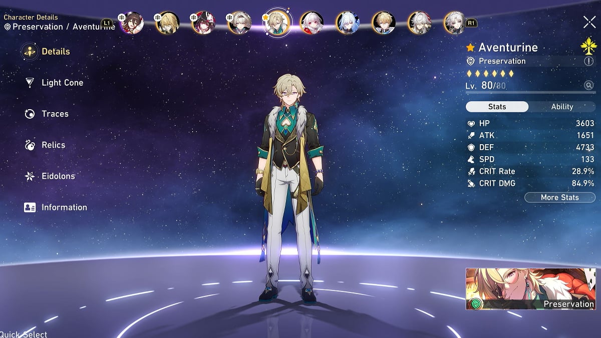 Aventurine character screen.