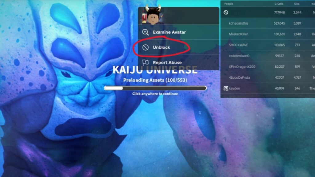 The unblock option in Roblox