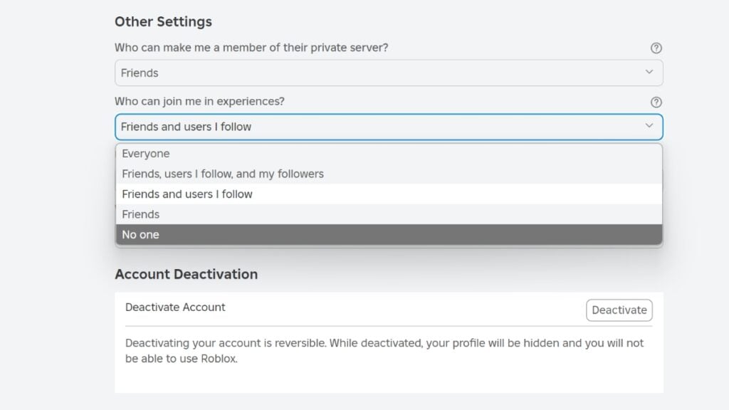 The automatic join settings option in Roblox