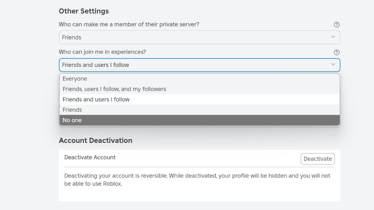 The automatic join settings option in Roblox