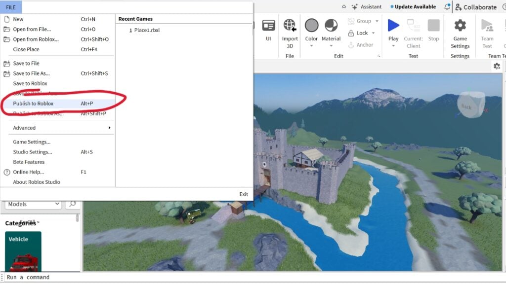 The menu used to publish a game on Roblox