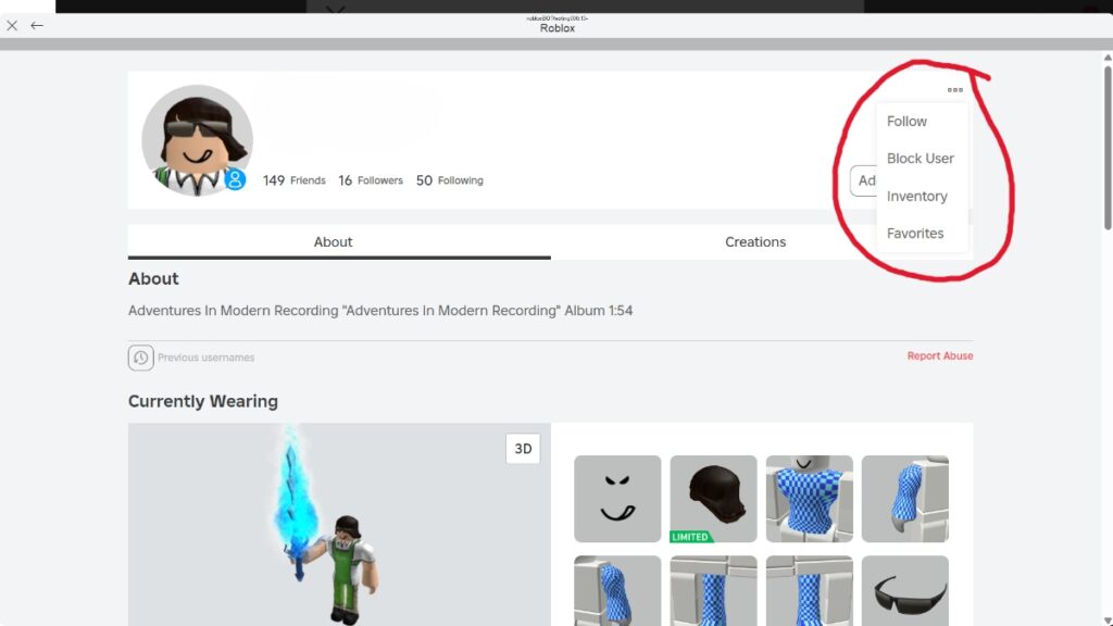 A player profile with the follow botton circled on Roblox