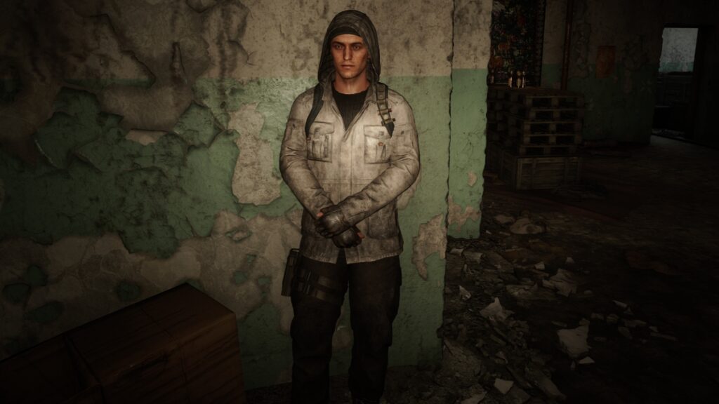 One of the Guides leans against a wall, wearing minimal armor