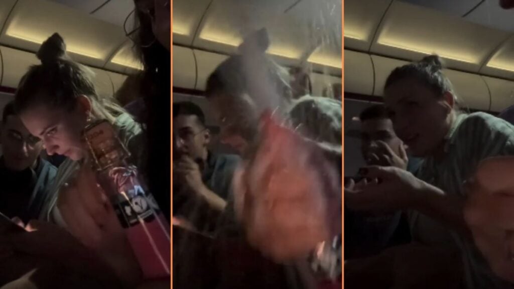 Woman Pops Open Champagne While on a Full Flight: ‘Bet It’s Super Hilarious for the Person Sitting in Front of Her’ Woman Pops Open Champagne While on a Full Flight ‘Bet It’s Super Hilarious for the Person Sitting in Front of Her'