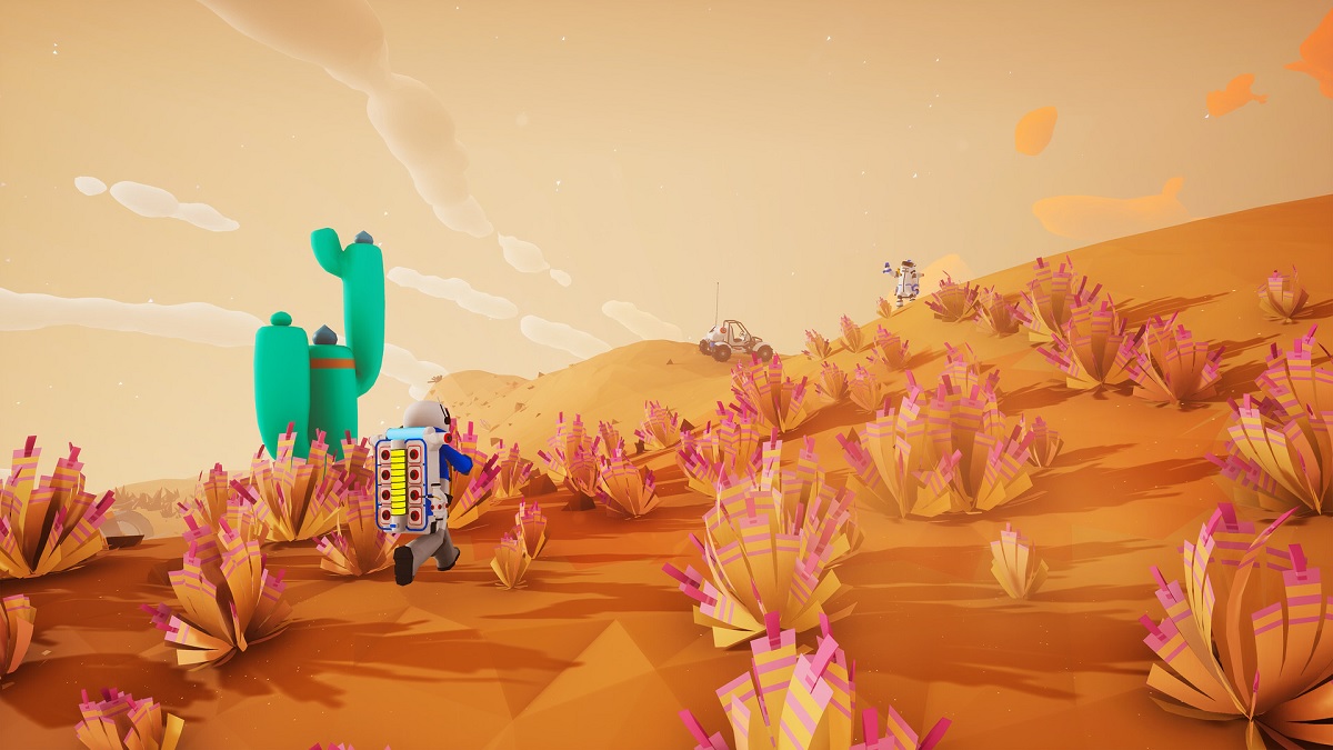 friends playing astroneer, exploring a desert planet