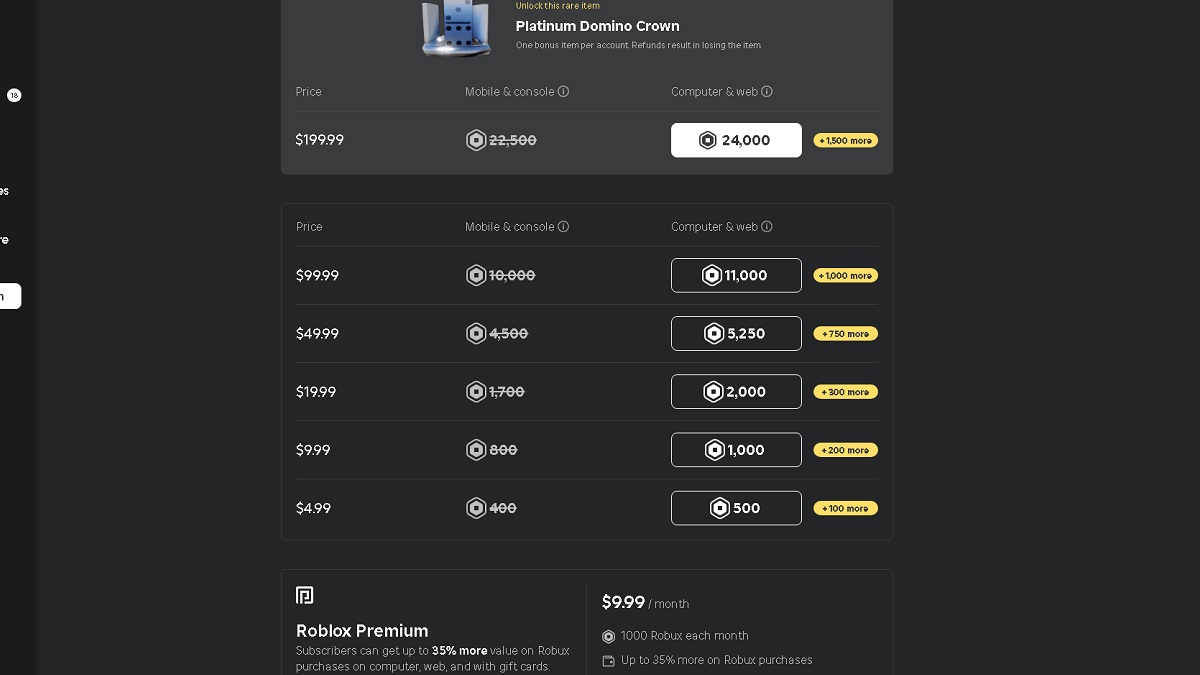 the robux buy page on roblox