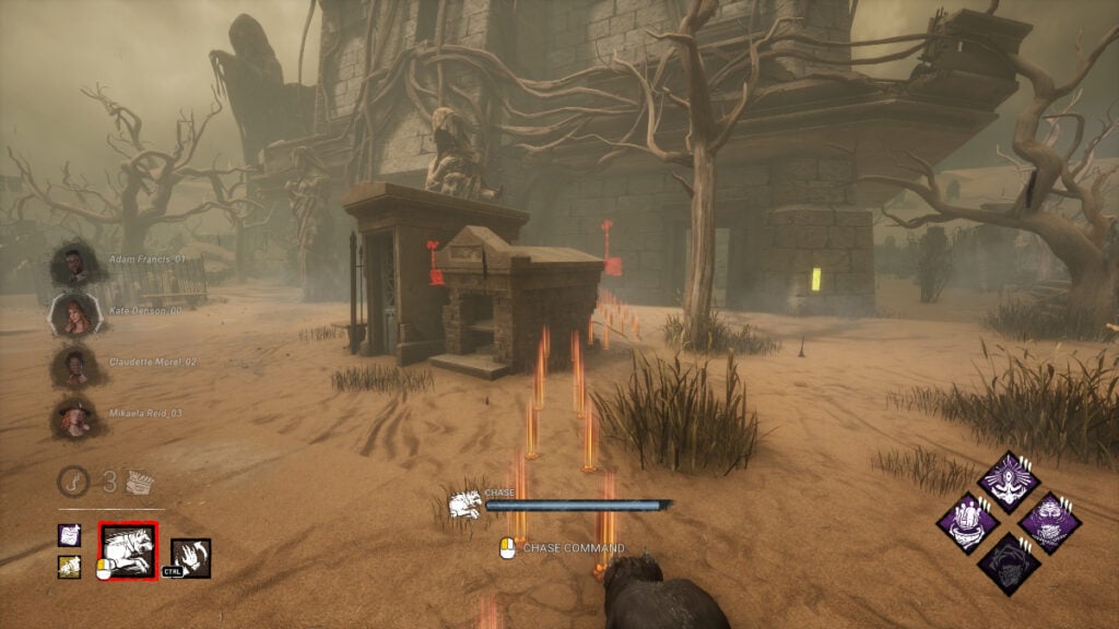 The Houndmaster's chase path curves around an obstacle in Dead by Daylight