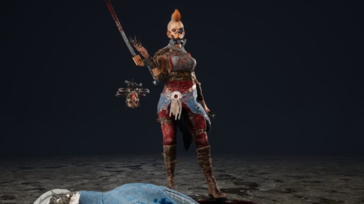 The Skull Merchant stands over her victim, striking a post-mori pose